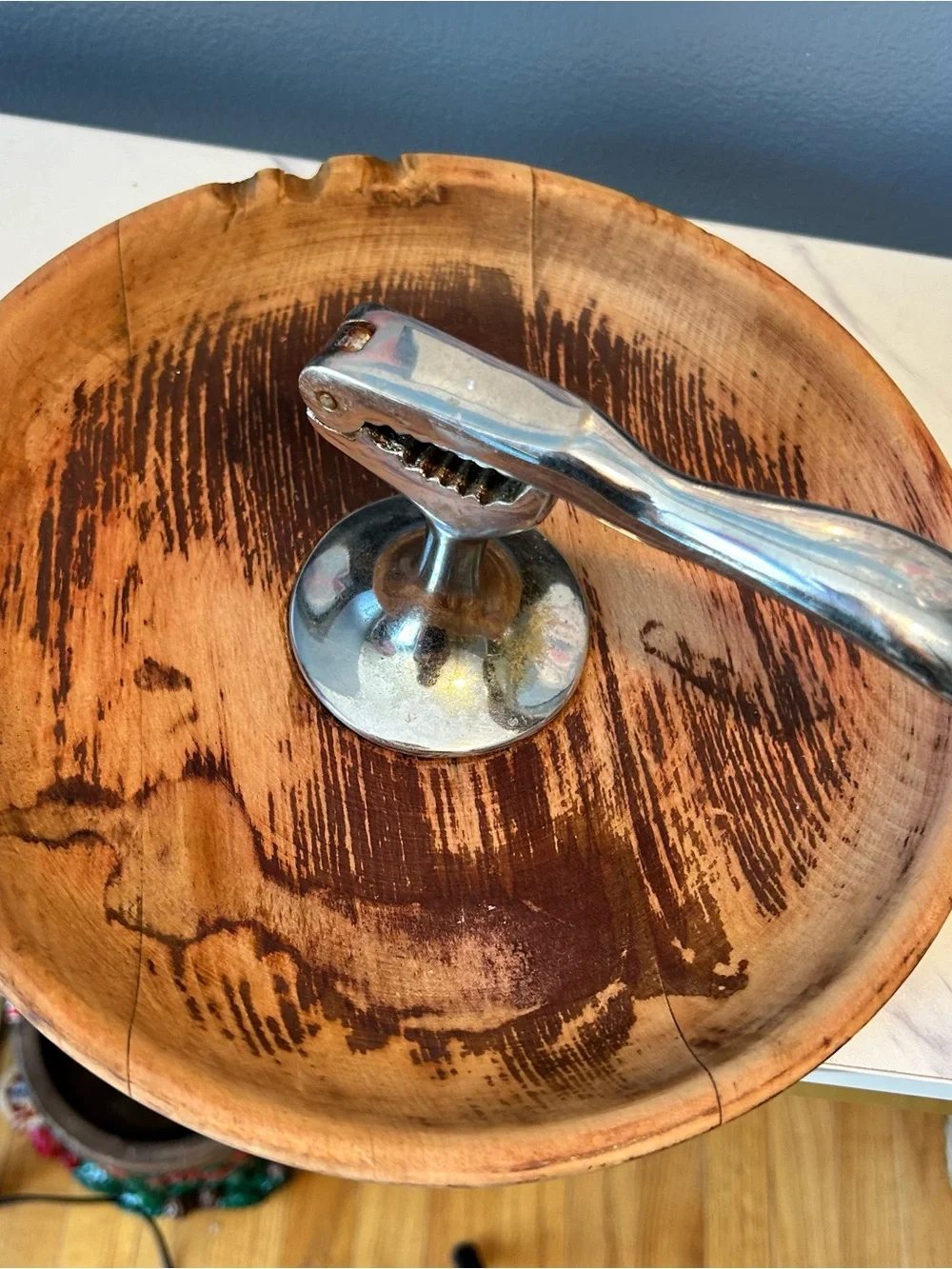 Hellerware Danish round Wood Nut Bowl with Chrome Attached Mechanical cracker